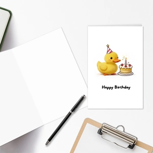 Cute yellow duck birthday card with party hat and strawberry cake design on white background