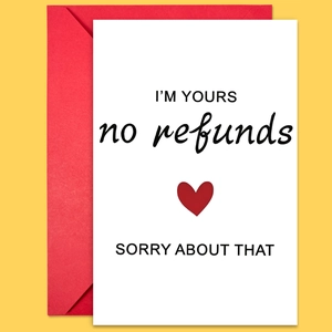 Set biglietto d'auguri divertente I'm Yours no refunds con busta rossa su giallo