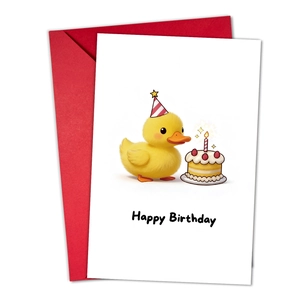 Detailed view of white birthday card with cute duck illustration and red envelope