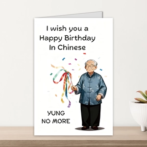 Funny Birthday card with cartoon elderly figure in traditional dress and envelope