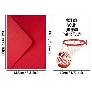 Detail of basketball themed greeting card set with red envelope and size measurements