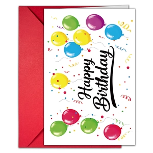 Happy Birthday greeting card with colorful balloons and a matching red envelope set