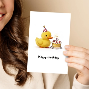 Person holding a cute yellow duck birthday card with strawberry cake and party hat