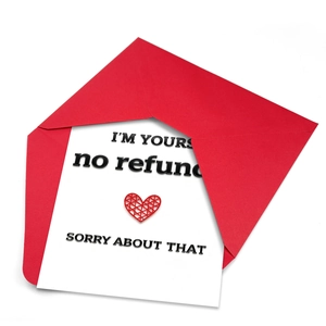 Minimalist Valentine greeting card with red heart and funny 'I'm Yours' quote with envelope