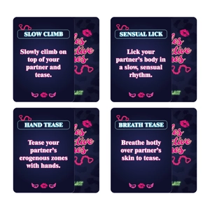 50 cartas Seductive Games para parejas con iconos neón como labios y esposas de juego