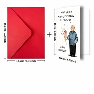 Detail view of large birthday card with funny Asian elder illustration and red envelope