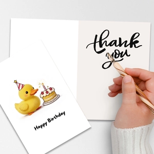 Greeting card set with cute yellow duck birthday illustration and handwritten thank you note