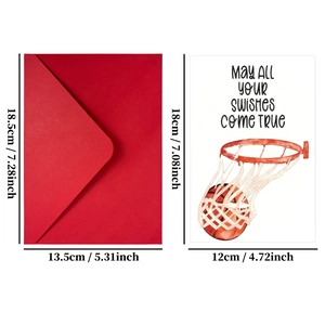 Detailed dimensions of basketball greeting card and red envelope showing exact measurements