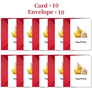 Set of 10 cute yellow duck birthday cards with red envelopes and cake design