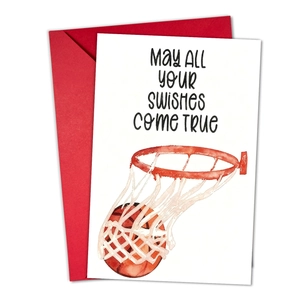 Detail of basketball watercolor greeting card with red envelope and Swishes Come True text