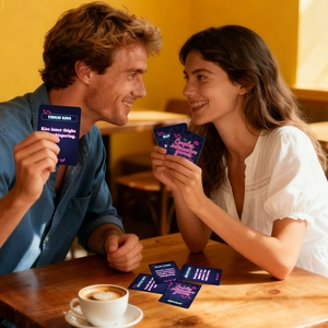 Primer plano de cartas de juego interactivas para parejas con retos íntimos en una cafetería