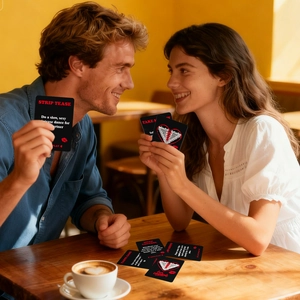 Detalle de cartas de interacción para parejas con iconos de labios rojos sobre mesa de madera