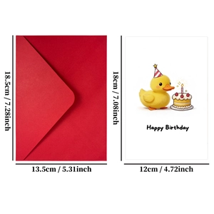 Detailed view of yellow duck birthday card and red envelope with size measurements