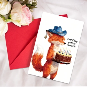 Detail of fox watercolor birthday card with red envelope and floral background scenery