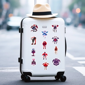 Anime devil girl stickers on white suitcase showing waterproof PVC cartoon style