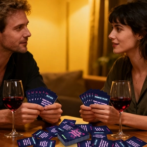 Primer plano de cartas de juego interactivo para parejas en una cena romántica con actividades
