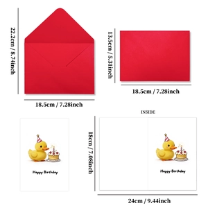 Cute yellow duck birthday card set with red envelope and party hat illustration