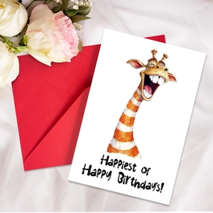 Watercolor giraffe birthday card with red envelope on white satin with white roses