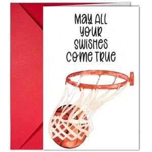 Detailed view of basketball watercolor greeting card with red envelope set for gift