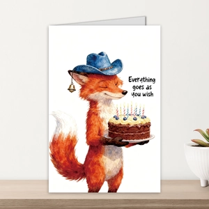 Detail of cartoon fox greeting card with a birthday cake and watercolor illustration