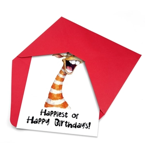 Cute watercolor giraffe birthday card with a red envelope and happy birthday greetings