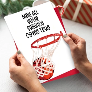 Basketball theme greeting card with red envelope and festive holiday decorations