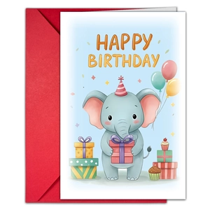Birthday card set with a cute blue elephant illustration and a red envelope