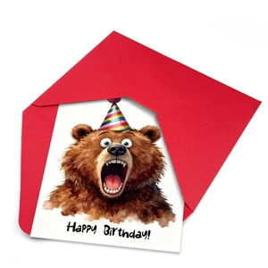 Leuke cartoon beer verjaardagskaart met rode envelop en Happy Birthday tekst