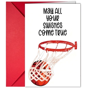 Detail of basketball themed greeting card with red envelope and swish graphic