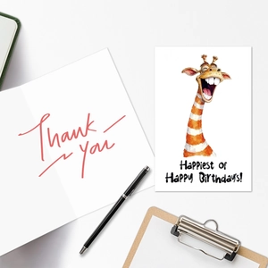 Detail of cute giraffe birthday card and Thank You card set with a sleek black pen