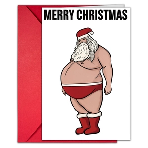 Funny Santa Claus Christmas card set with red envelope and Merry Christmas lettering
