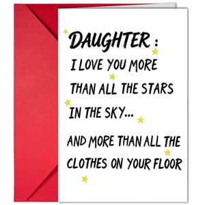 Detail of humorous daughter greeting card with bold red envelope and starry graphics