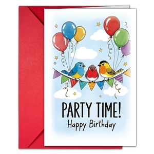 Cartoon birthday card with three birds and colorful balloons paired with a red envelope