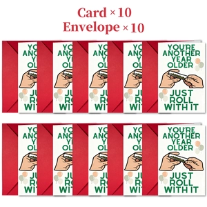 Set of 10 funny birthday cards with red envelopes and rolling tobacco illustration