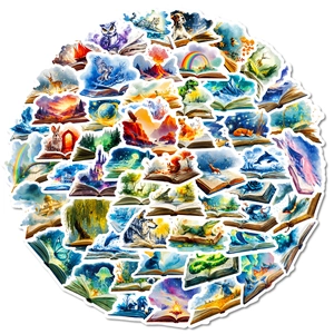 Vista macro di adesivi fantasy acquerello con animali e castelli che emergono dai libri