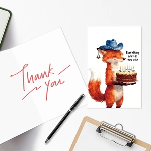 Detail of Thank You folding card and cute cartoon fox with birthday cake greeting card