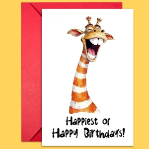 Detail of cute giraffe birthday card with red envelope on vibrant yellow background