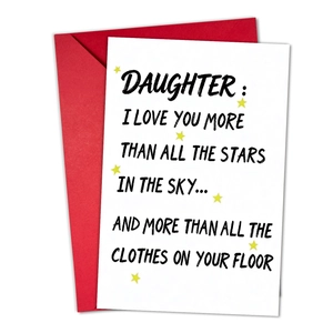 Detail of minimalist white card with red envelope featuring humorous text for daughter