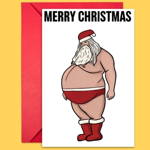 Close-up of funny Santa Claus greeting card with a red envelope on yellow background