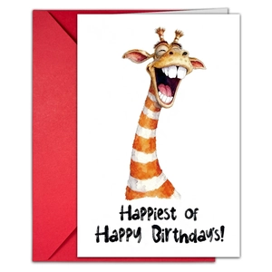 Funny giraffe birthday card set with a vibrant red envelope and cheerful greetings