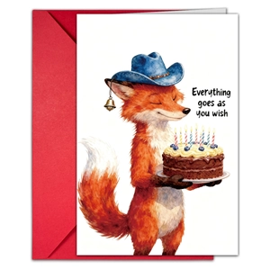 Cute red fox birthday card set with red envelope and watercolor cake illustration