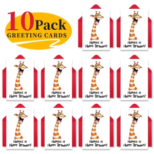 Detail view of 10 pack giraffe birthday cards with red envelopes in a grid layout