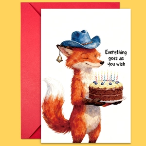 Close-up of birthday card featuring watercolor fox with a cake and Everything goes as you wish text