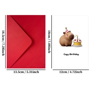Detailmaße der Capybara Geburtstagskarte mit rotem Umschlag und Spezifikationen