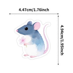 Macro detail of blue mouse sticker showing exact dimensions 4.47cm by 4.94cm on white background