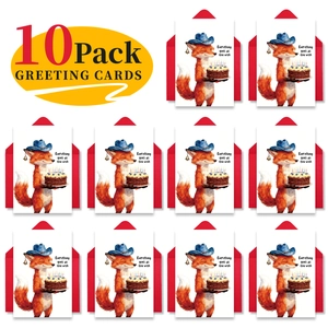 Flat lay of 10 pack fox birthday greeting cards with red envelopes and cake illustration