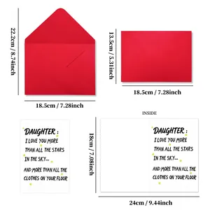 Set de regalo con tarjeta de mensaje y sobre rojo con especificaciones de tamaño