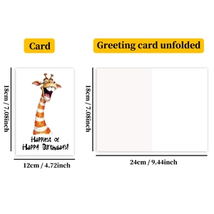 Detailed dimensions of giraffe birthday card showing folded and expanded width measurements