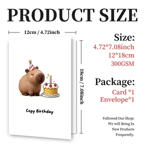 Detailed size guide for Capybara birthday card showing 12x18cm dimensions and 300GSM paper