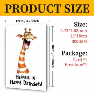 Detailed view of 300GSM birthday card with funny giraffe illustration and dimensions